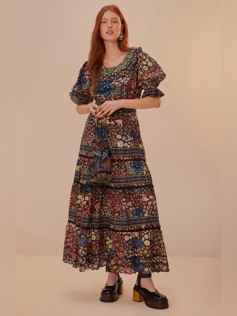 Farm Rio Black Jujus Garden Maxi Dress, Size L
